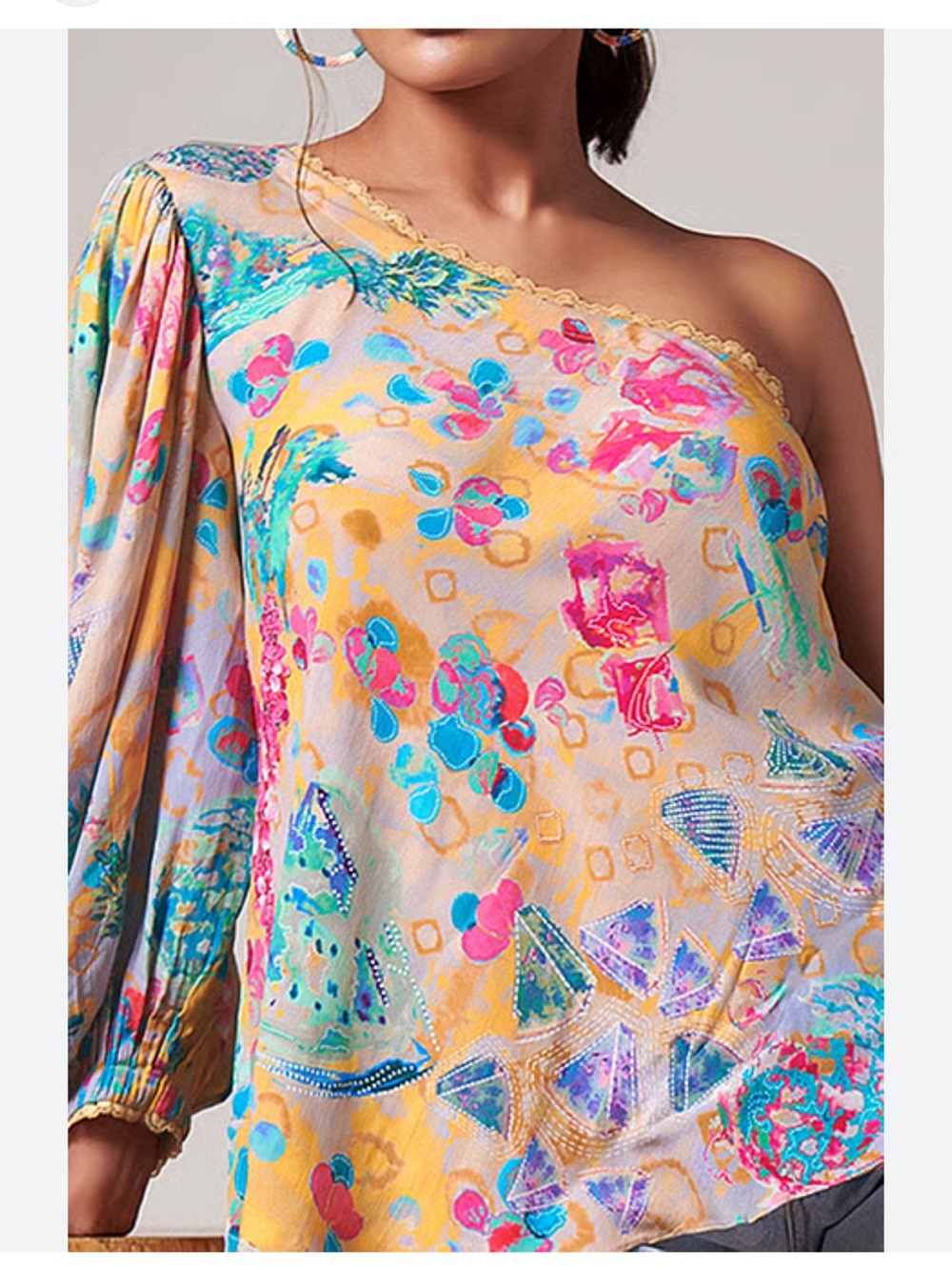 One shoulder Natural Crepe Printed And Embellished Abstract & Chantilly Lace Top